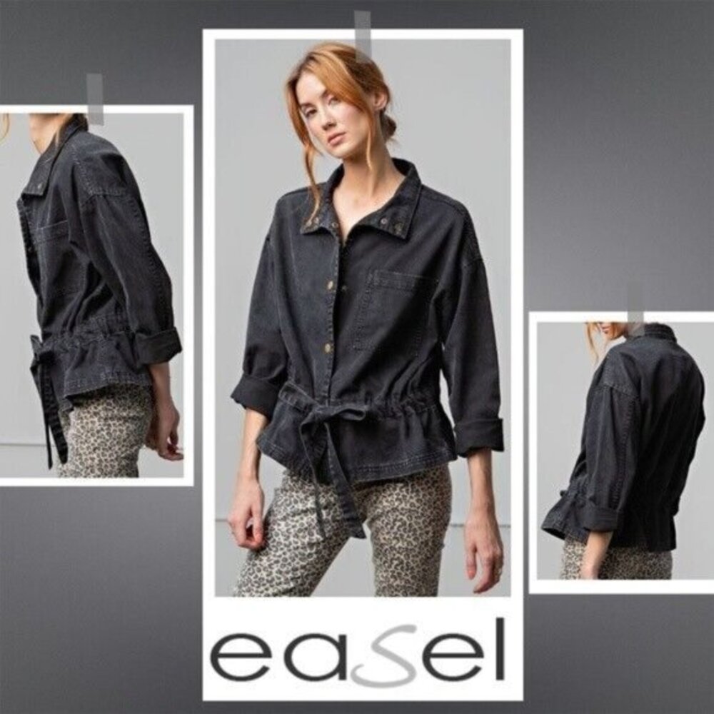 EASEL Mineral Washed Loose Fit Snap Front Lux Denim Jacket Drawstring Tie Waist